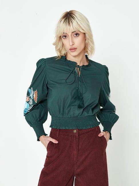 cover story green embroidered crop top