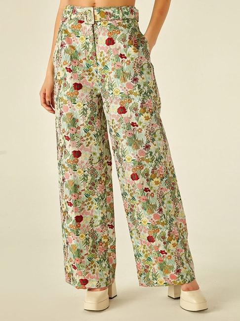 cover story green printed high rise regular fit trousers