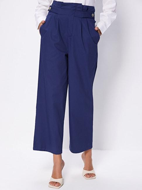 cover story navy cotton regular fit high rise trousers