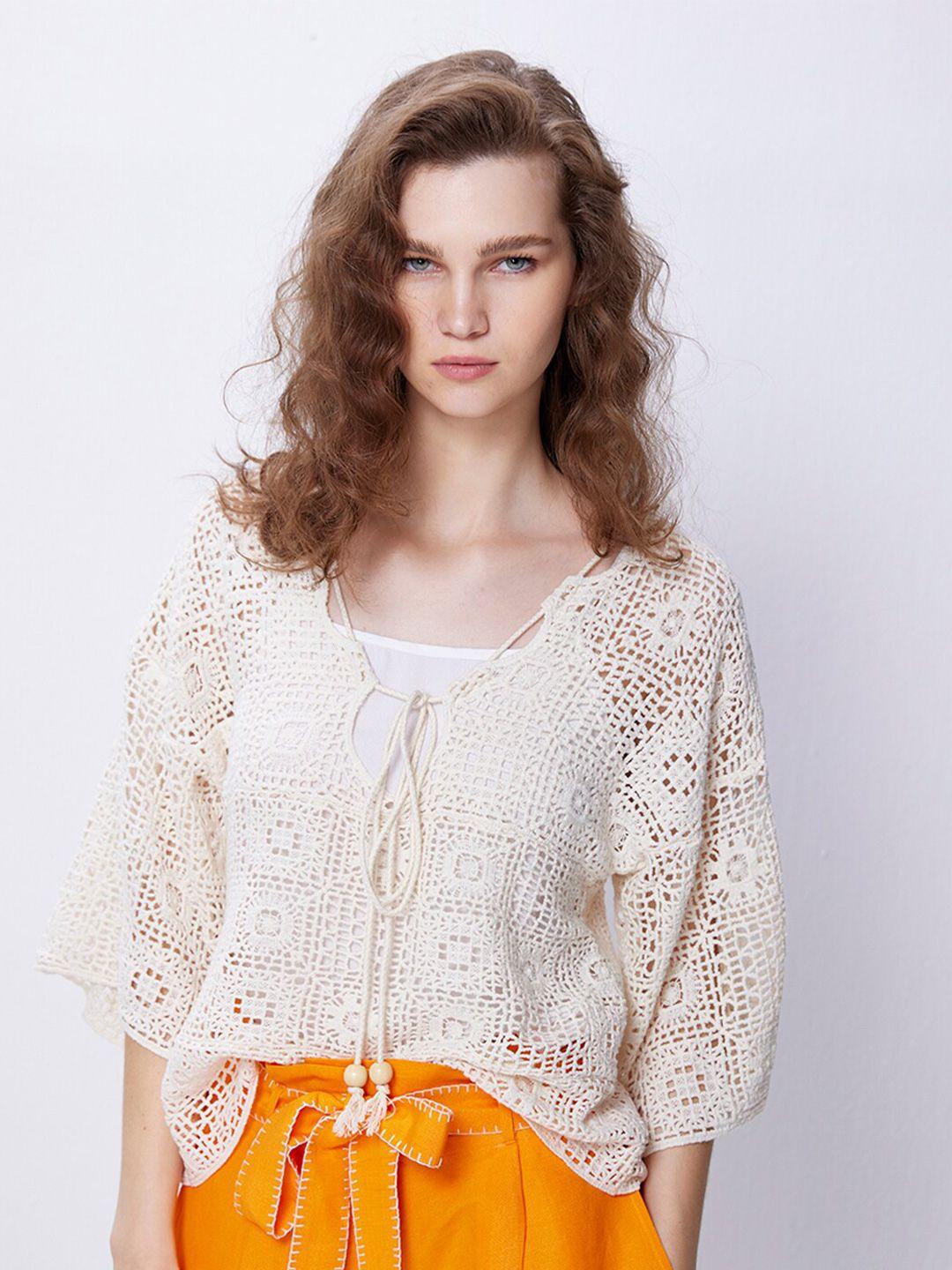cover story off white tie-up neck puff sleeve cotton top