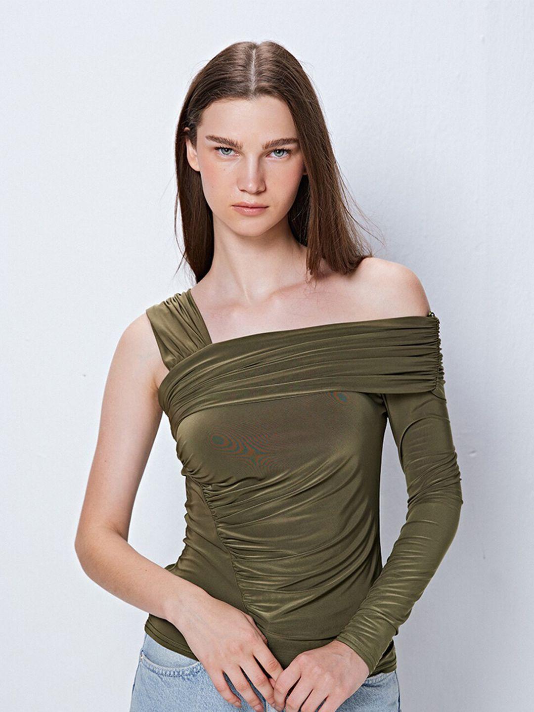 cover story olive green one shoulder top