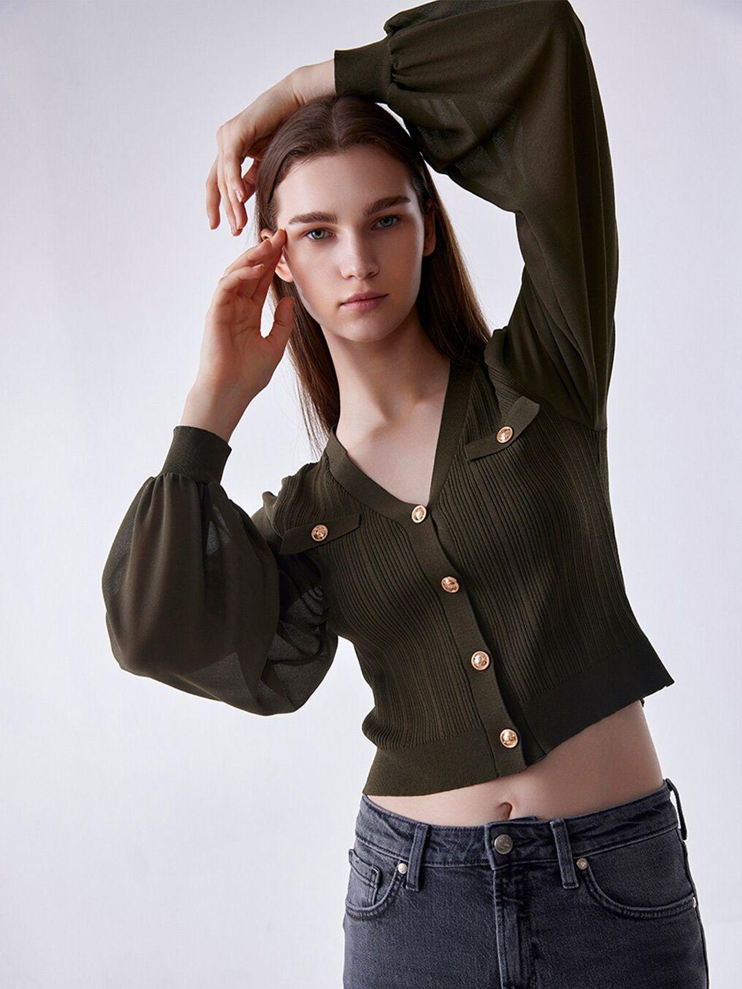 cover story olive green self designed puff sleeves crop cardigan