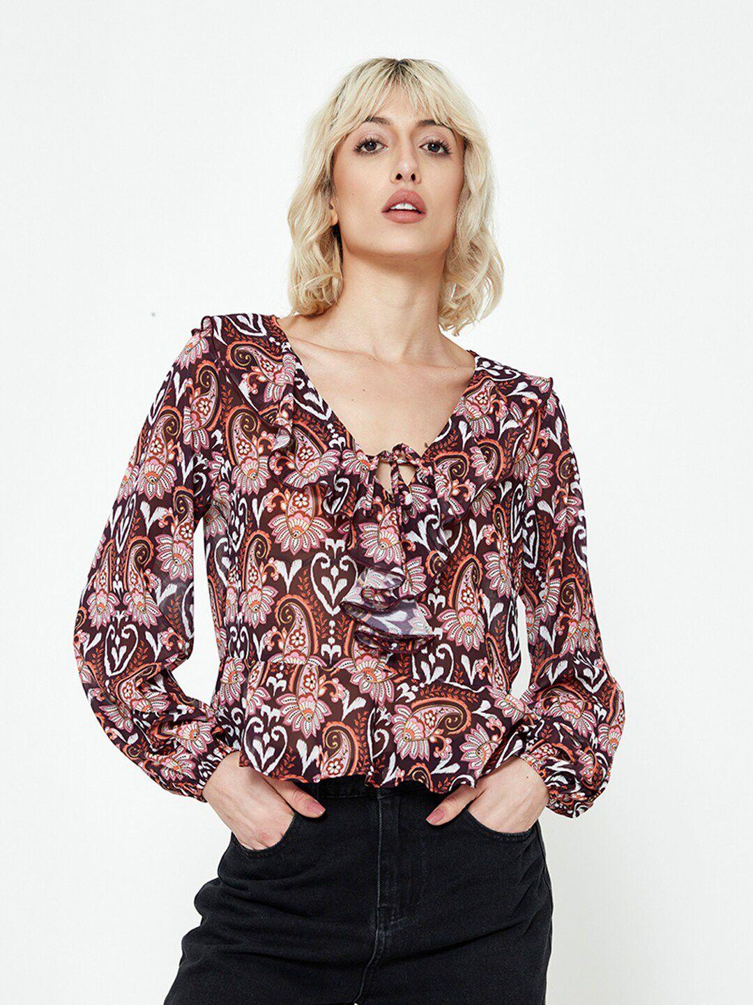 cover story printed tie-up neck puff sleeve top
