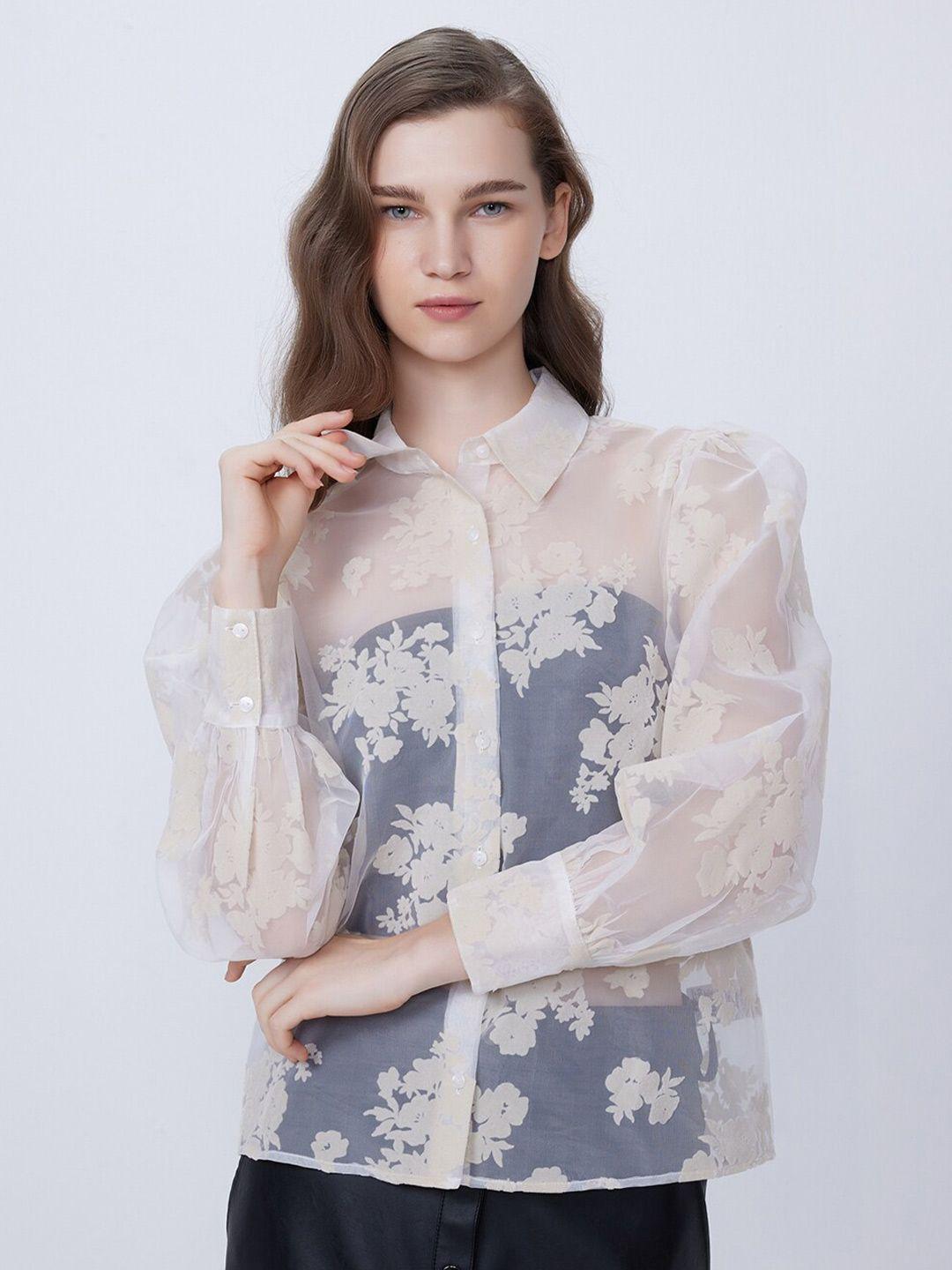 cover story white self design organza casual shirt