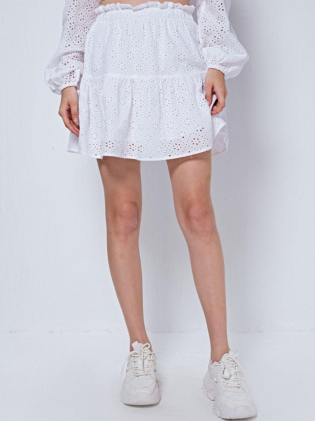 cover story white self-design tiered pure cotton schiffli mini skirt