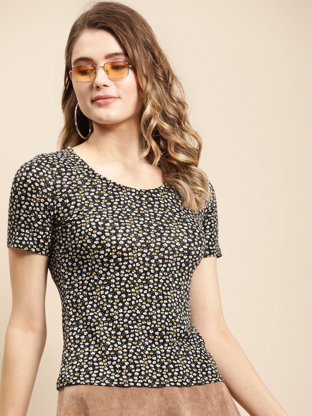 cover story women black ditsy floral printed cotton spandex t-shirt