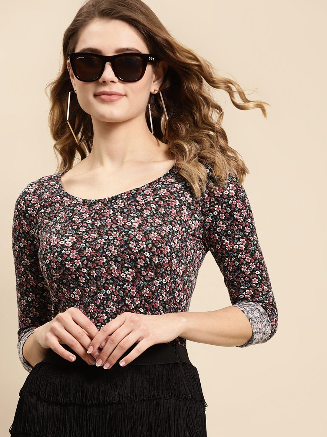 cover story women black floral ditsy printed cotton spandex t-shirt