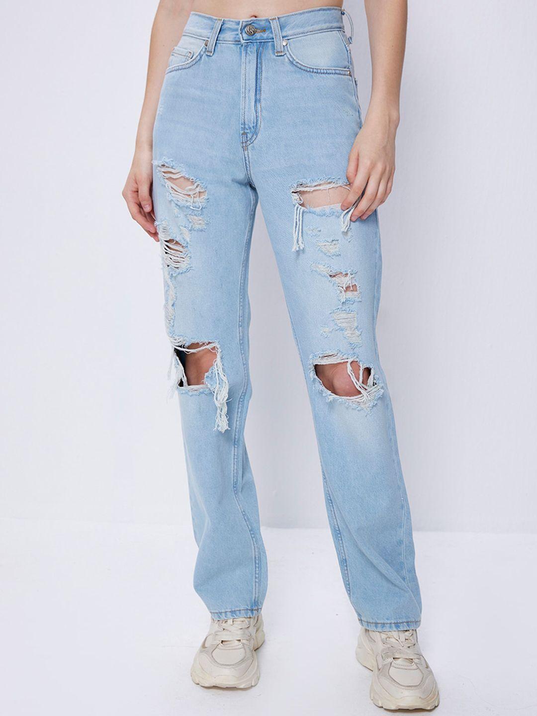 cover story women blue straight fit highly distressed light fade jeans