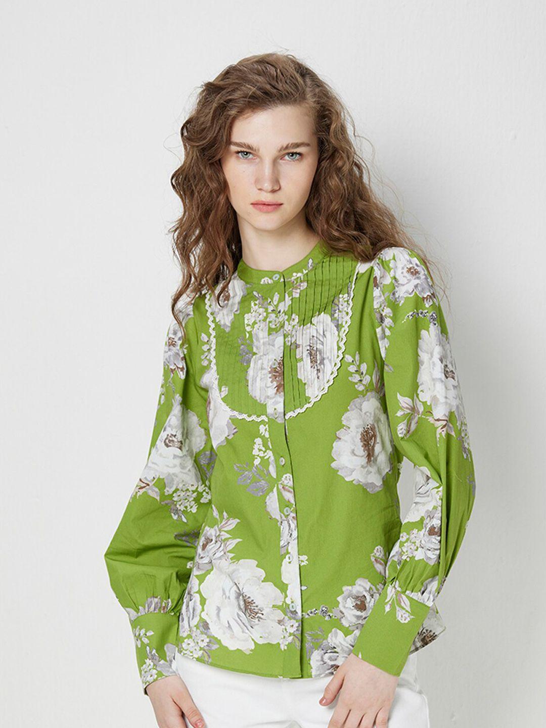 cover story women green floral opaque printed casual shirt