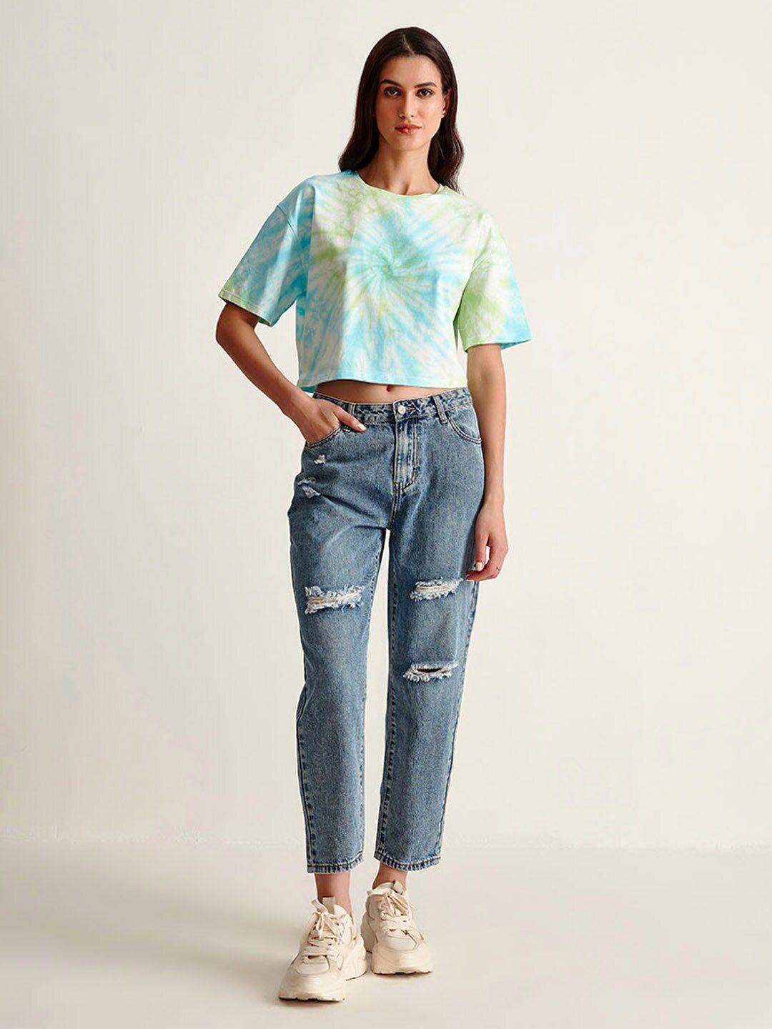 cover story women green tie and dye dyed drop-shoulder sleeves t-shirt