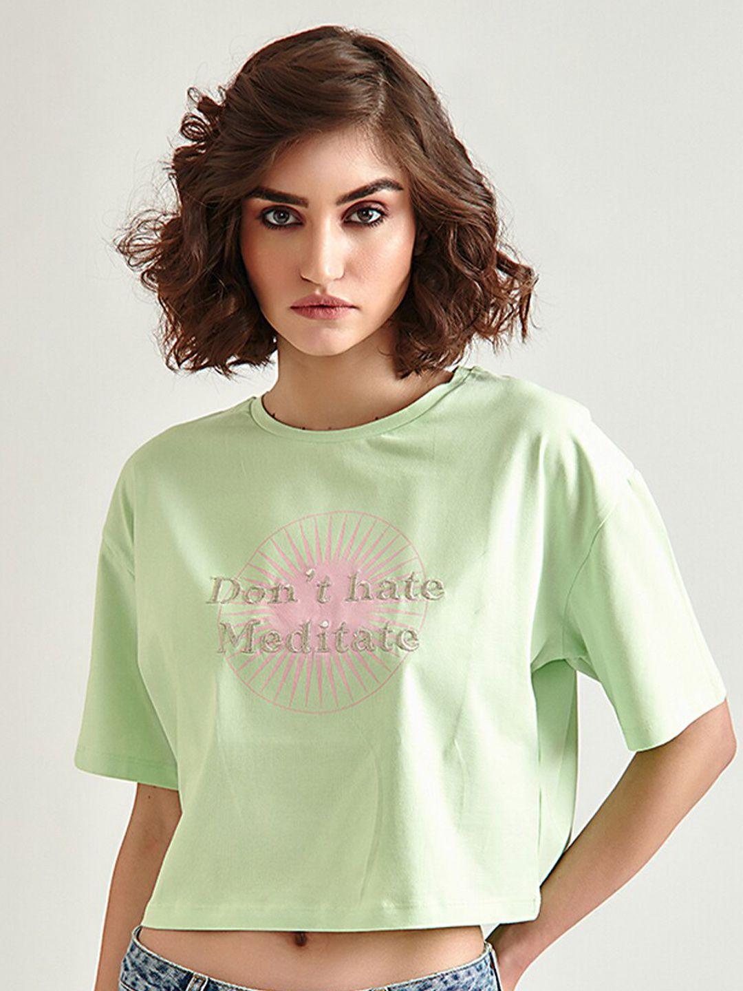 cover story women green typography printed drop-shoulder sleeves t-shirt