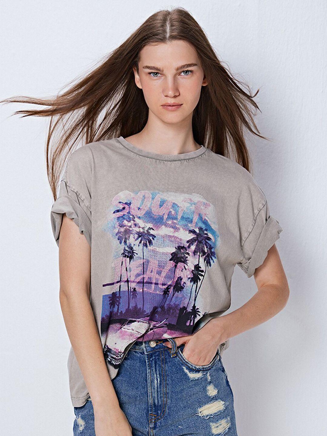 cover story women grey printed extended sleeves raw edge t-shirt