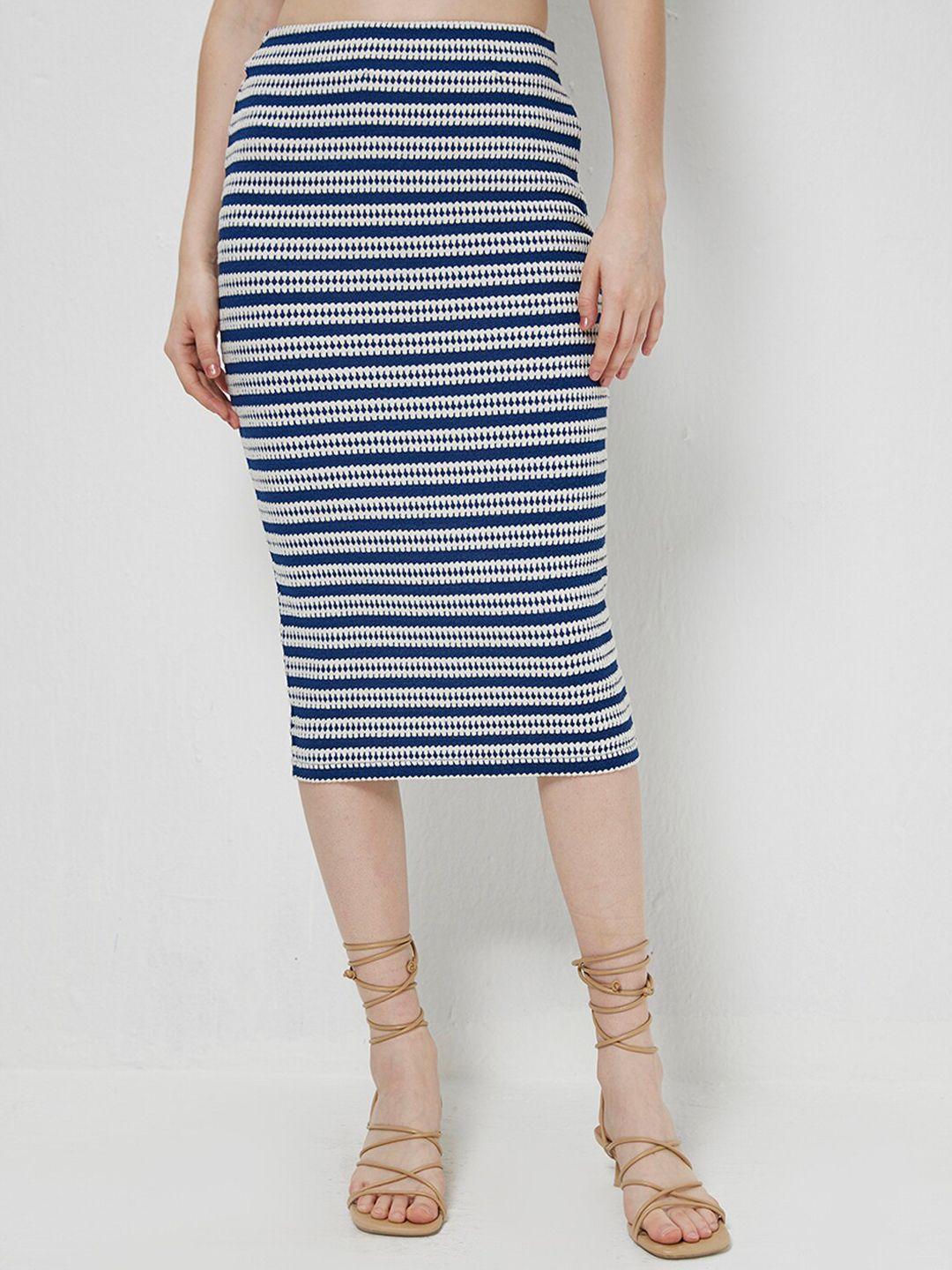 cover story women navy blue & white striped midi pencil skirt