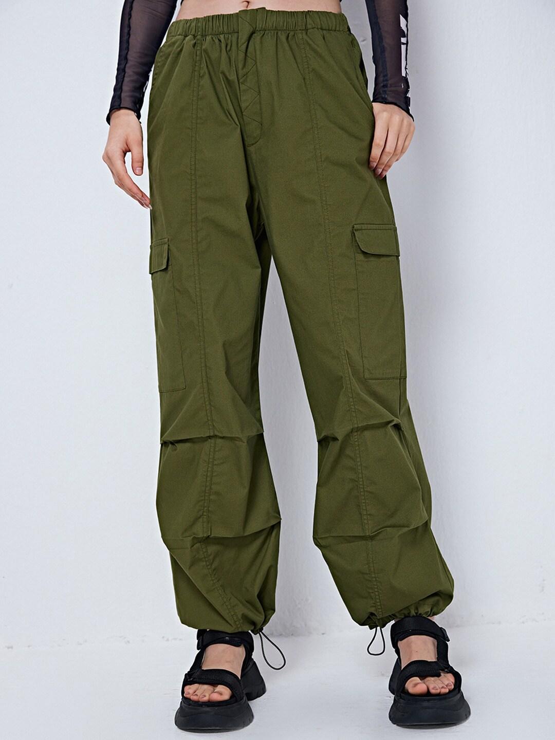 cover story women olive green mid rise loose fit cargos trousers