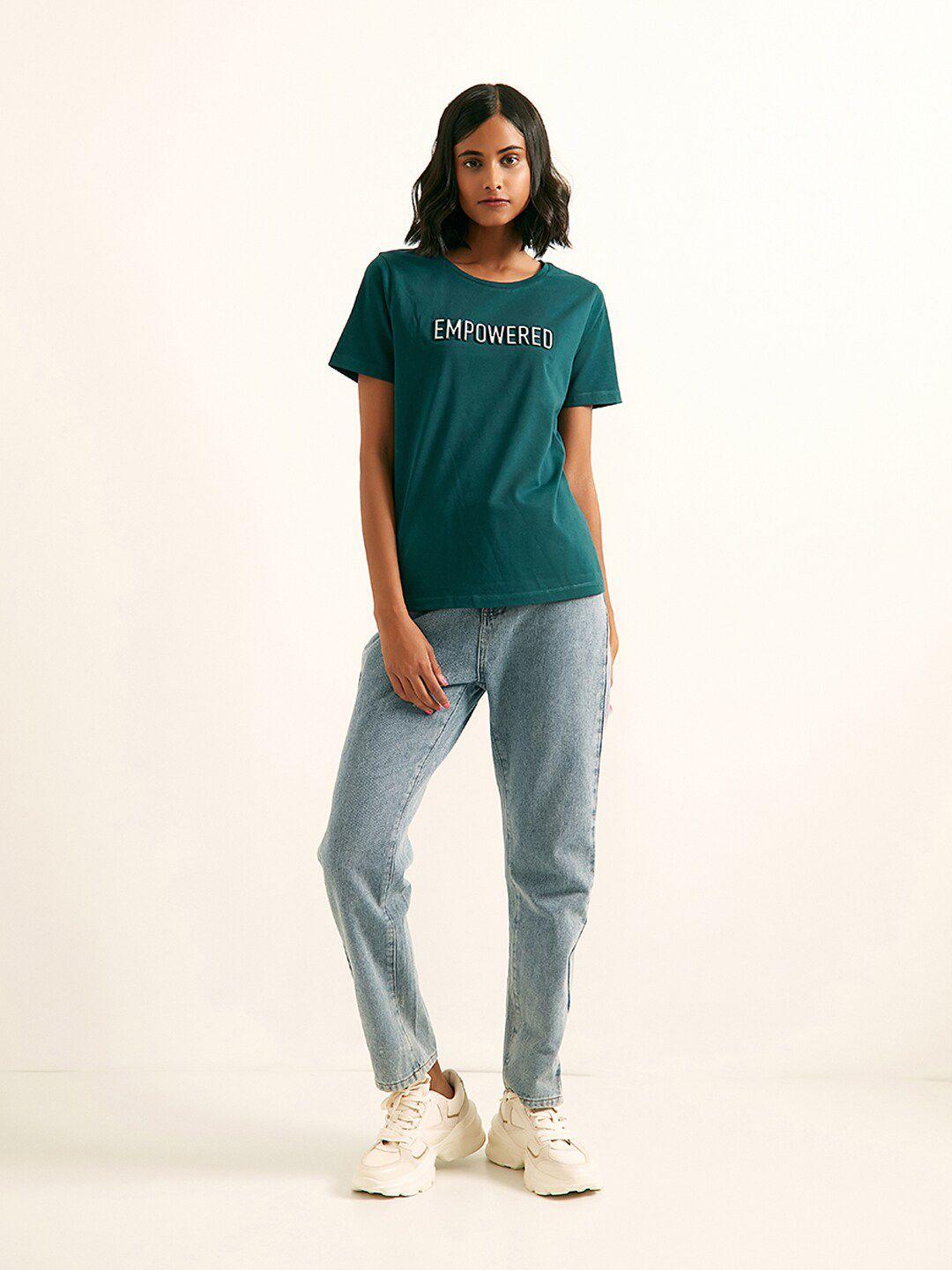 cover story women teal typography applique t-shirt