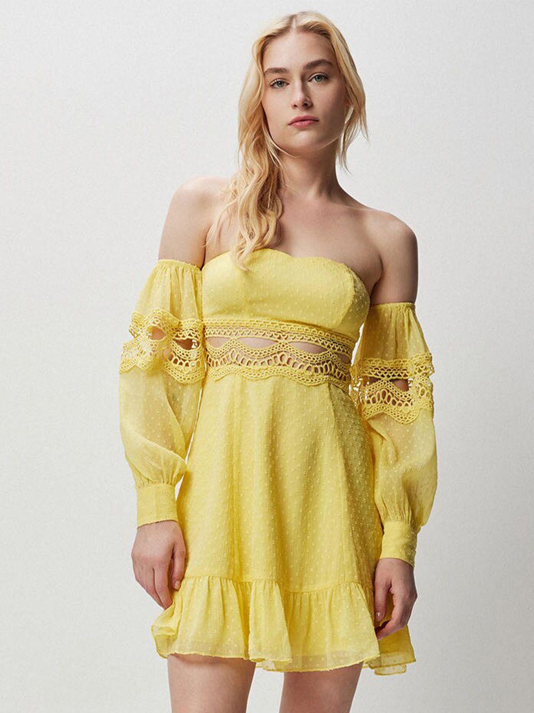 cover story yellow  self design off-shoulder cut-out a-line mini dress