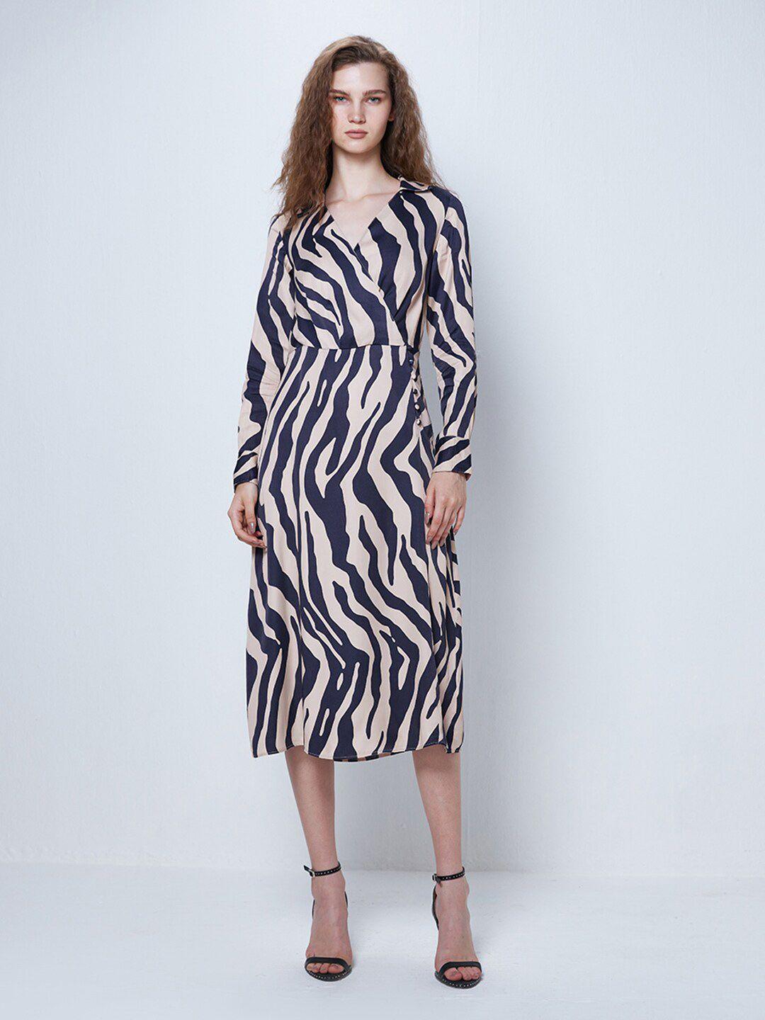 cover story beige & black animal printed v-neck cuff sleeves a-line midi dress