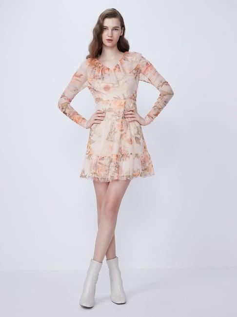 cover story beige floral print a line dress