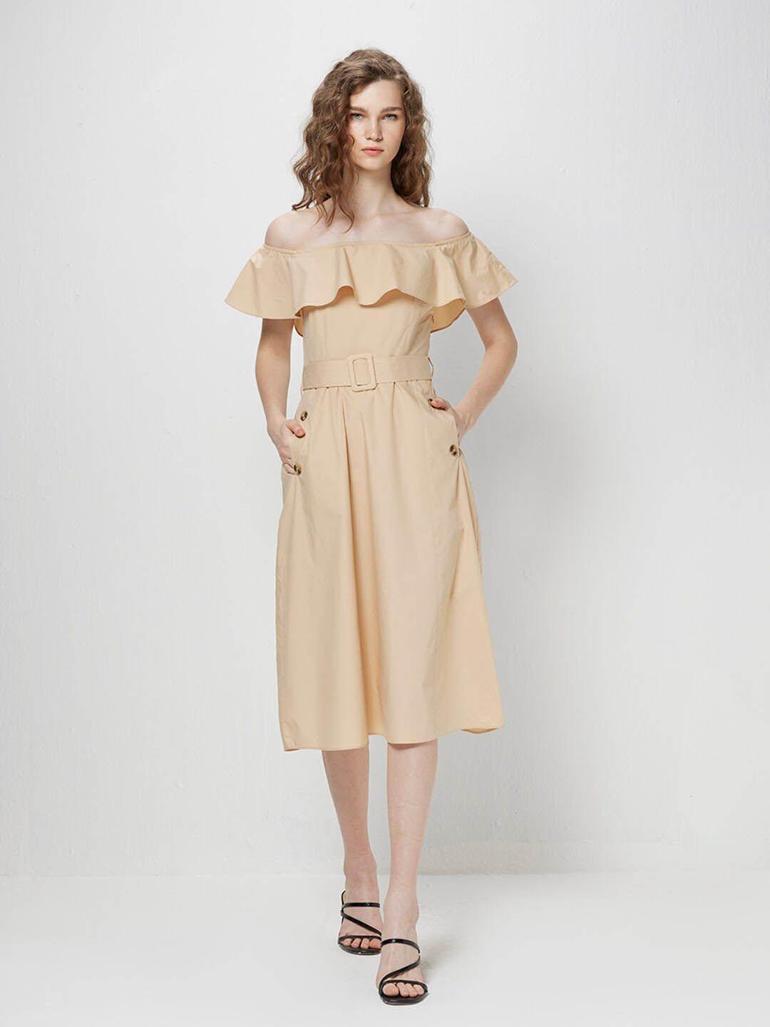 cover story beige off-shoulder flutter sleeves belted pure cotton fit & flare midi dress