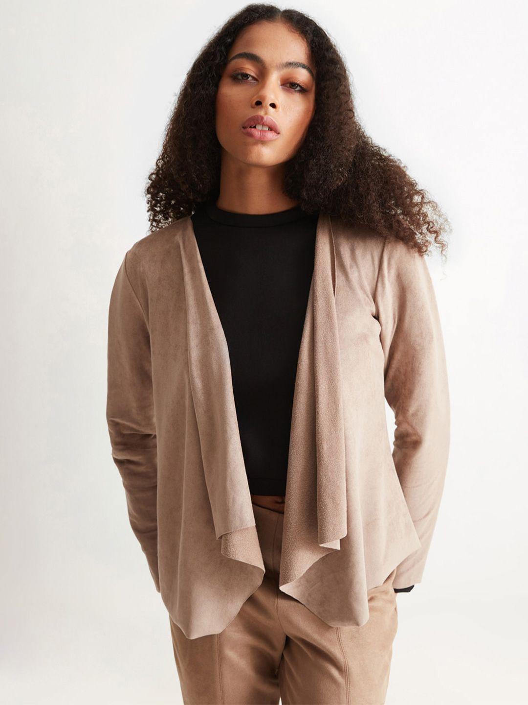 cover story beige open front asymmetric shrug