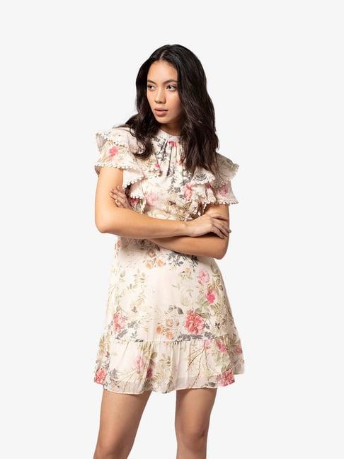 cover story beige printed skater dress