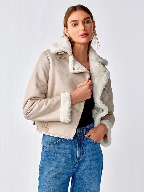 cover story beige regular fit biker jacket