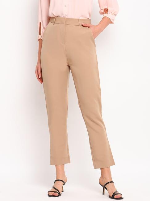 cover story beige straight fit mid rise trousers