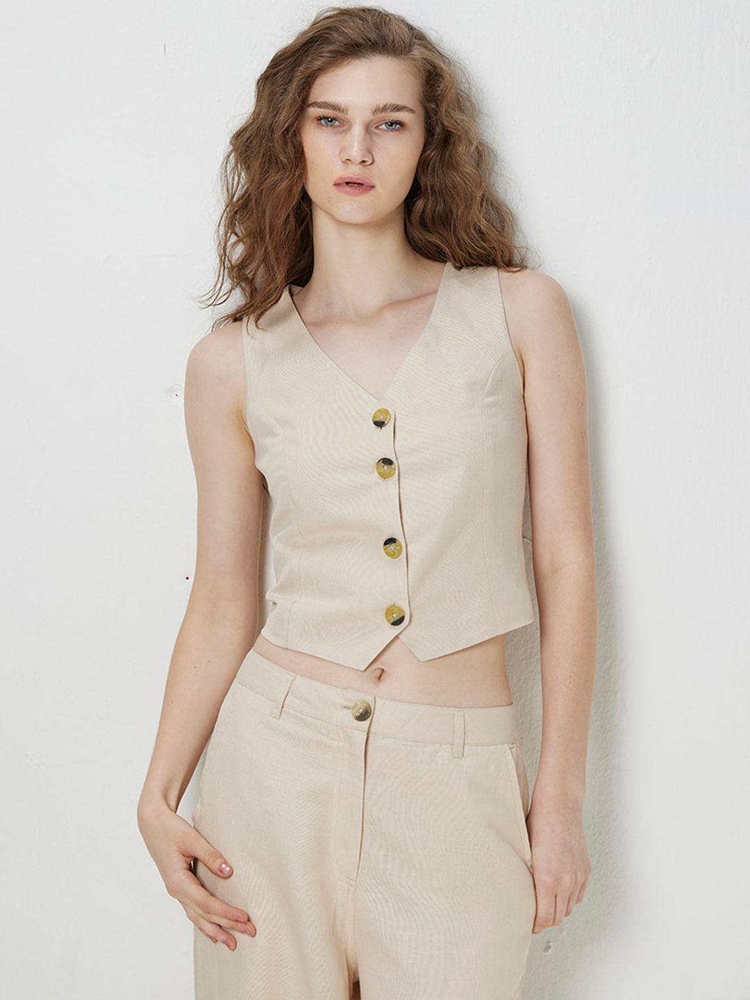 cover story beige v-neck linen waistcoat