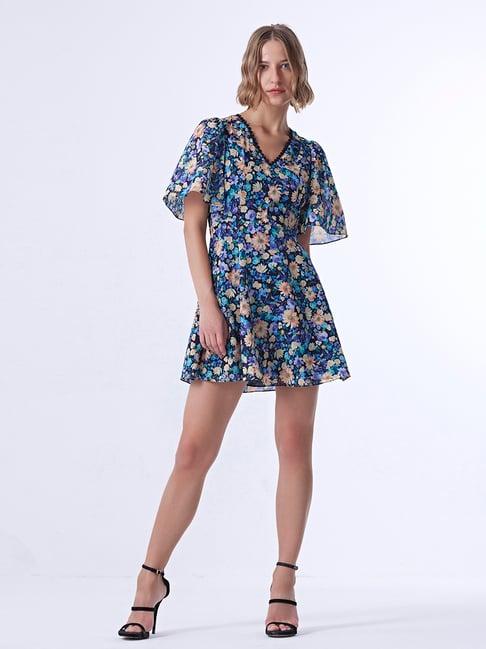 cover story black & blue floral print skater dress