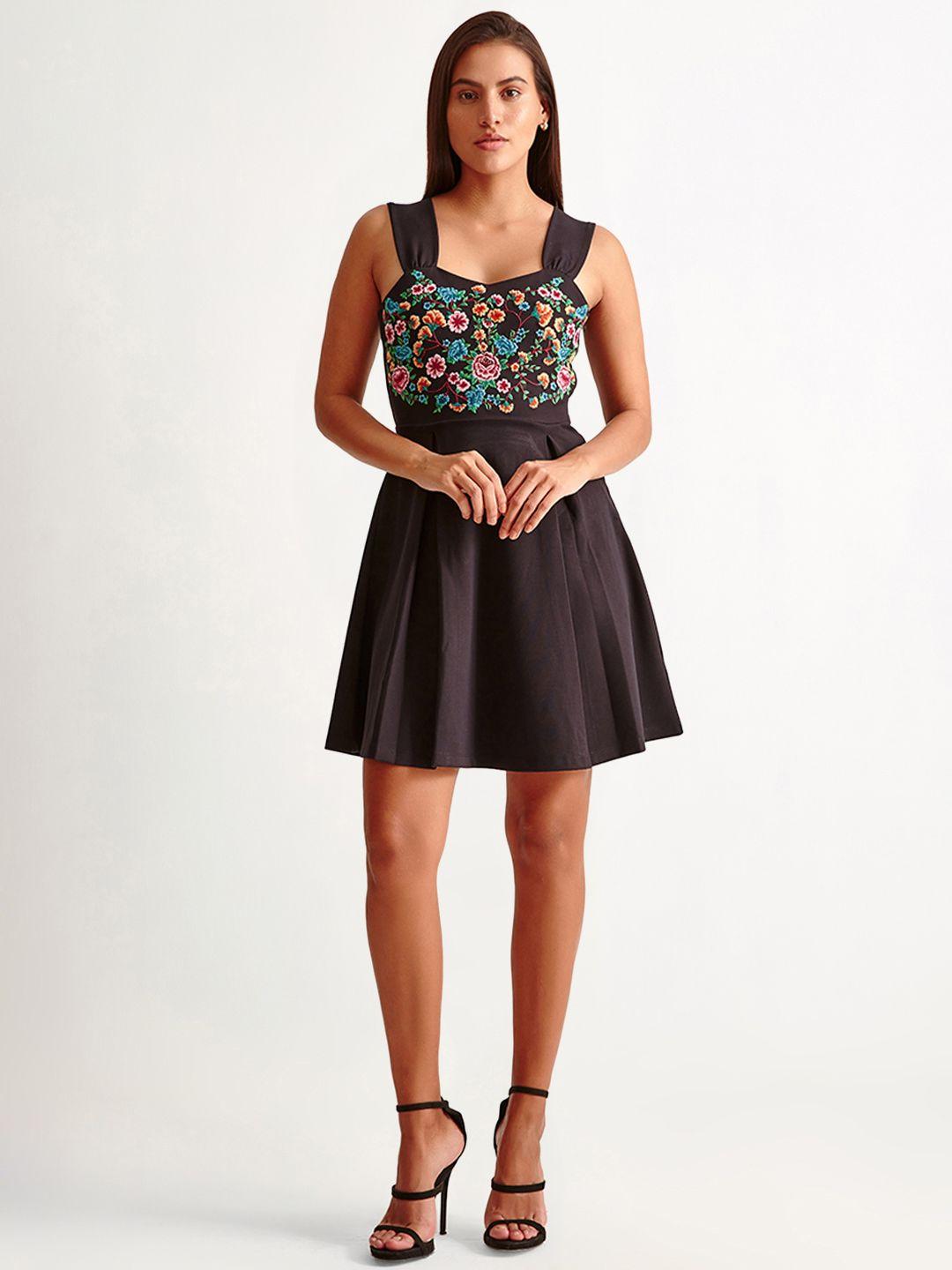 cover story black & pink floral printed a-line mini dress