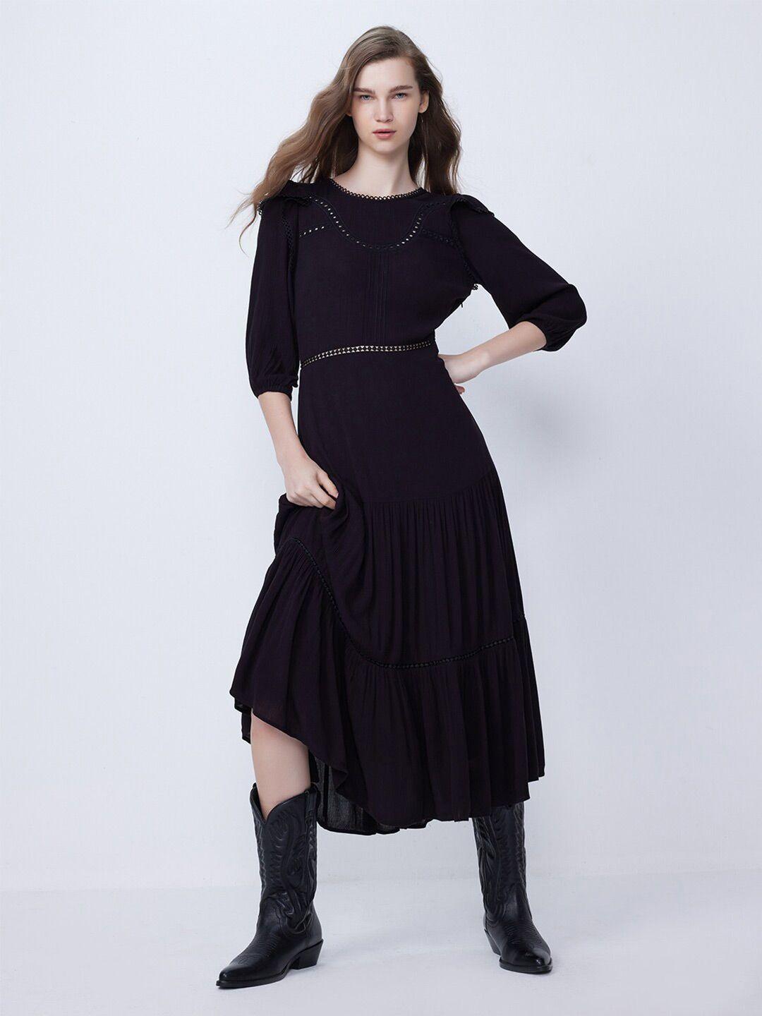 cover story black crepe lace-detailed tiered midi a-line dress