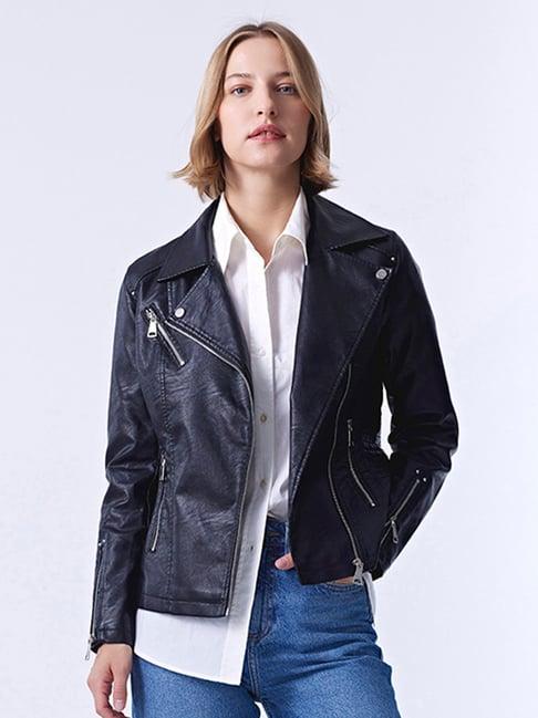 cover story black regular fit biker jacket