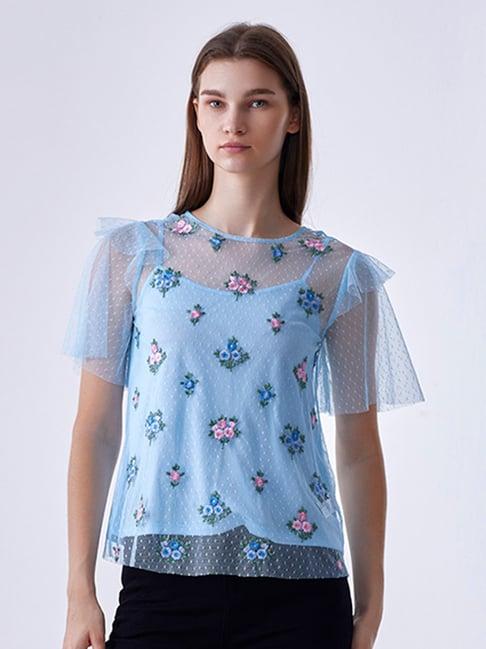 cover story blue embroidered top