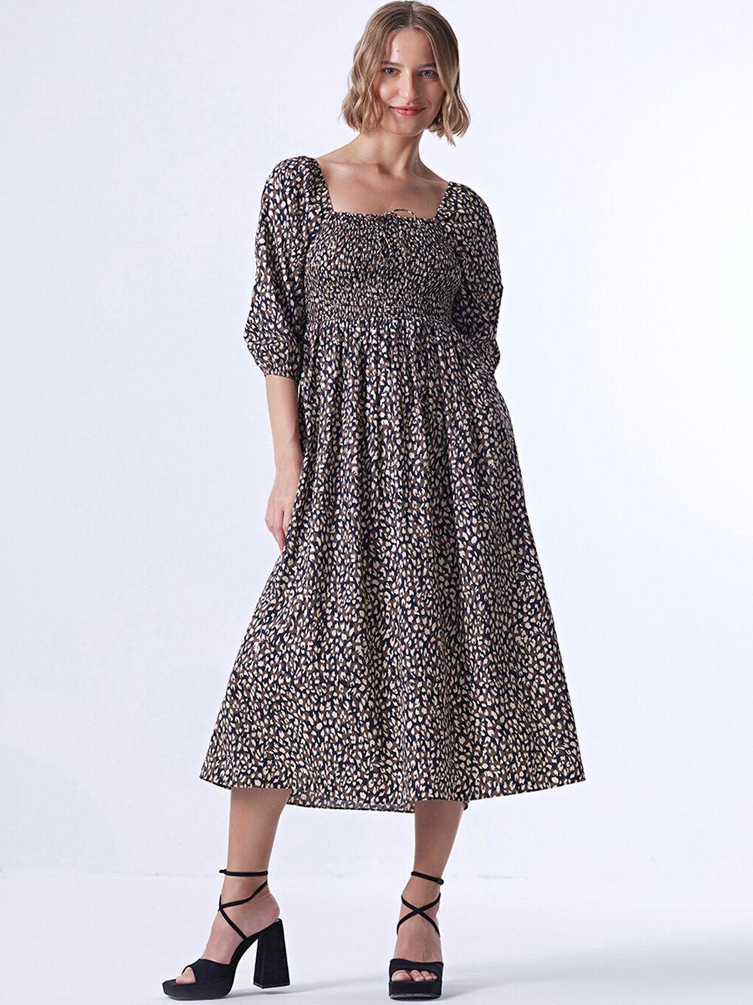 cover story brown animal printed smocked square neck puff sleeves fit & flare midi dress