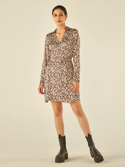 cover story brown floral print wrap dress