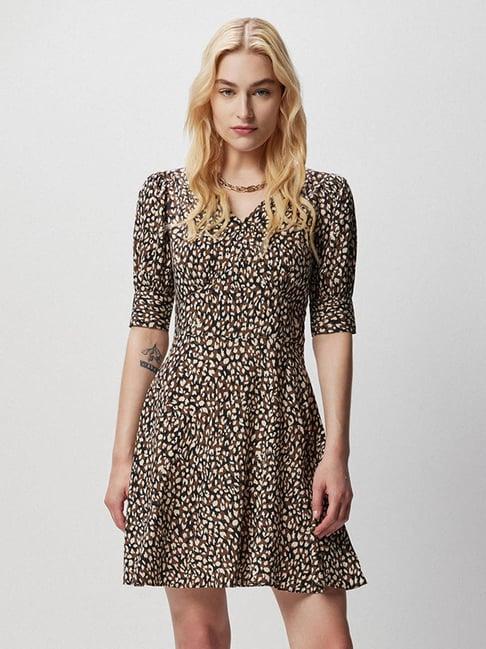 cover story brown printed skater dress