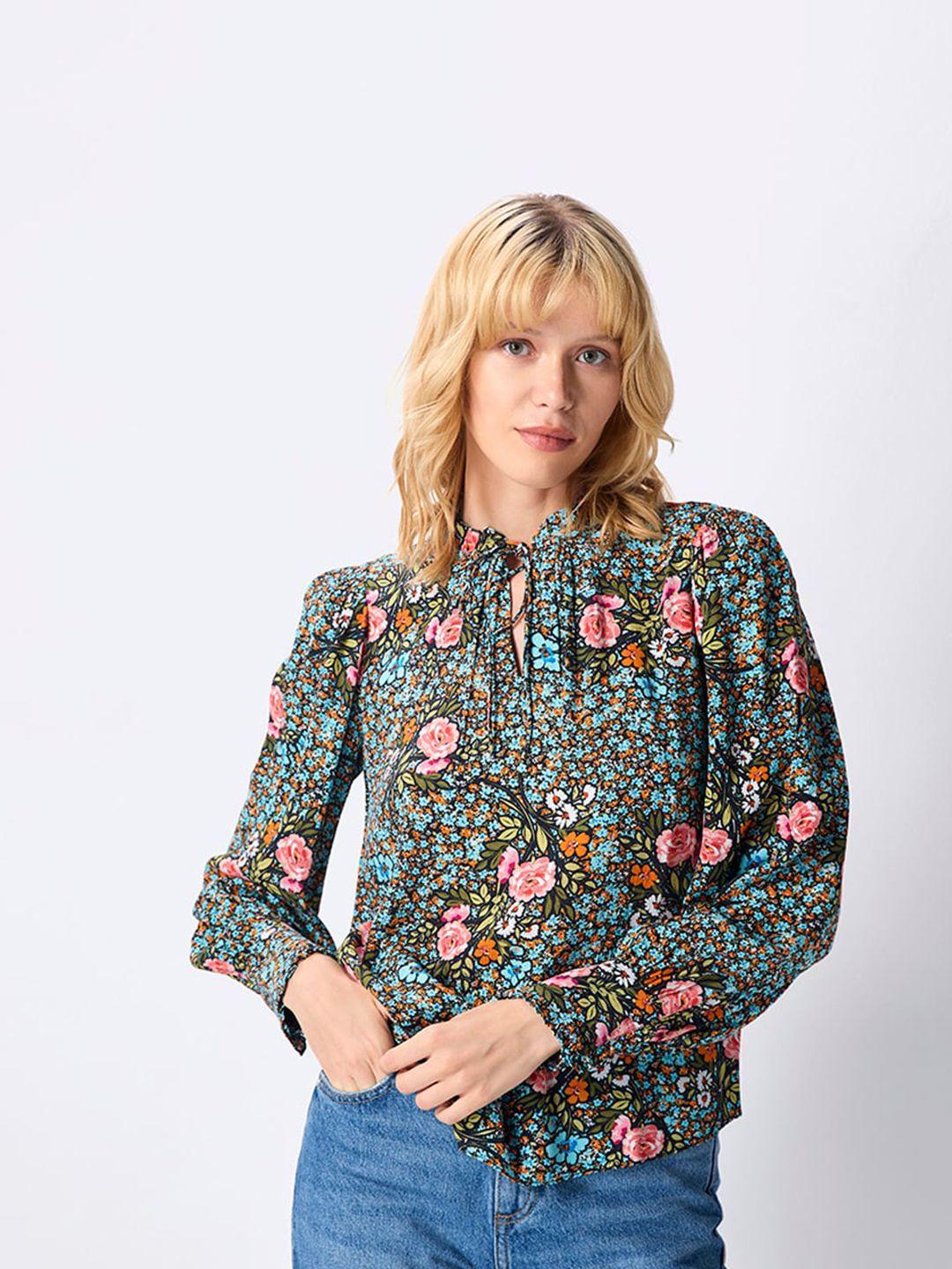 cover story floral print tie-up neck crepe shirt style top