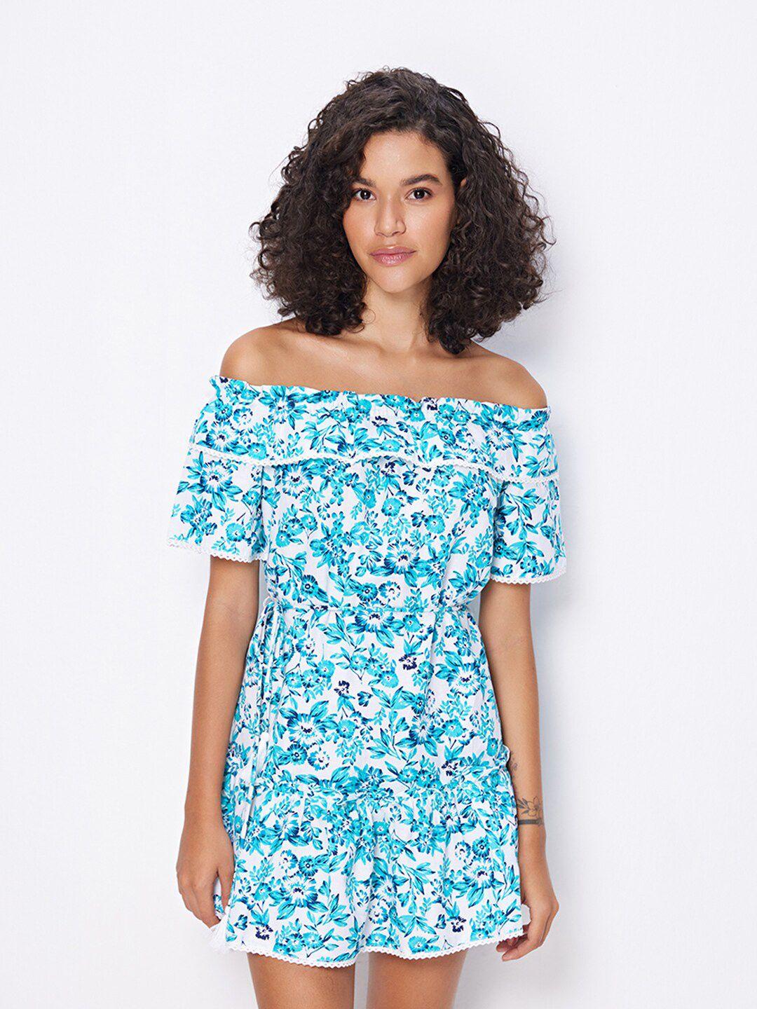 cover story floral printed off-shoulder cotton a-line mini dress