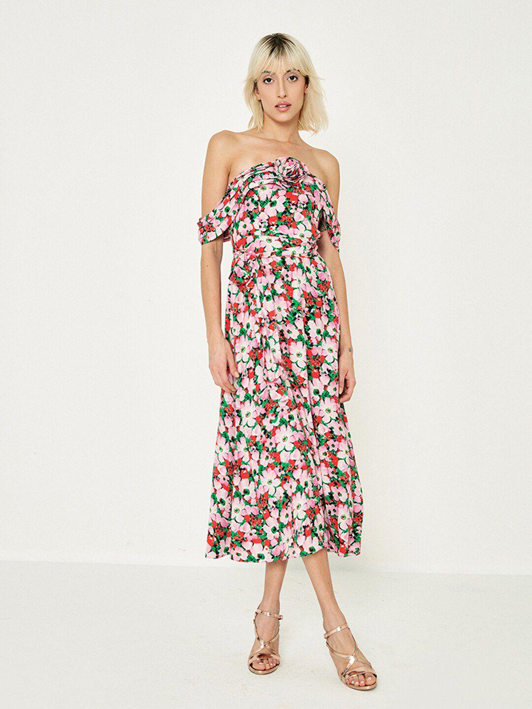 cover story floral printed off-shoulder fit & flare midi dress