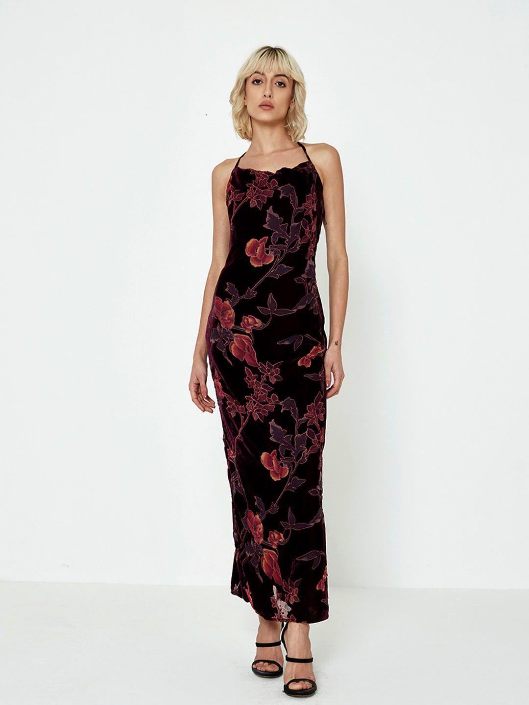 cover story floral printed shoulder strap velvet maxi dress