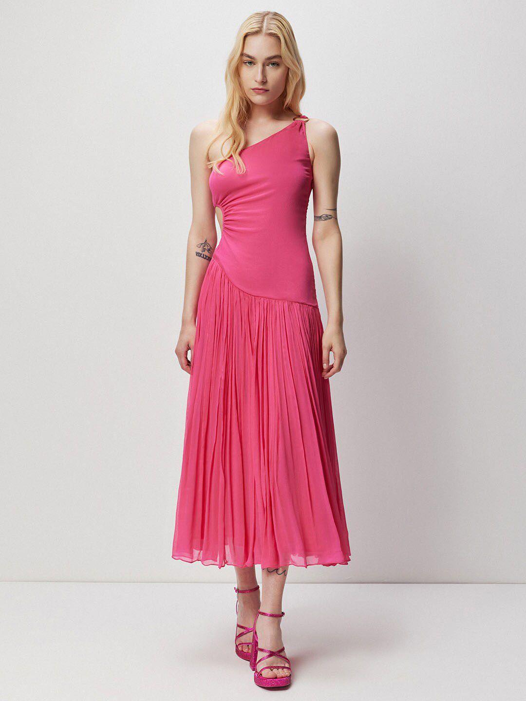 cover story fuchsia one shoulder cut-out fit-flare midi dress