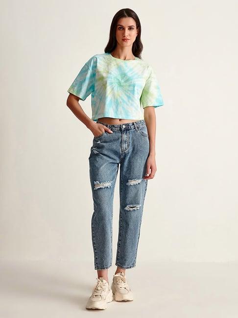 cover story green & blue cotton crop t-shirt