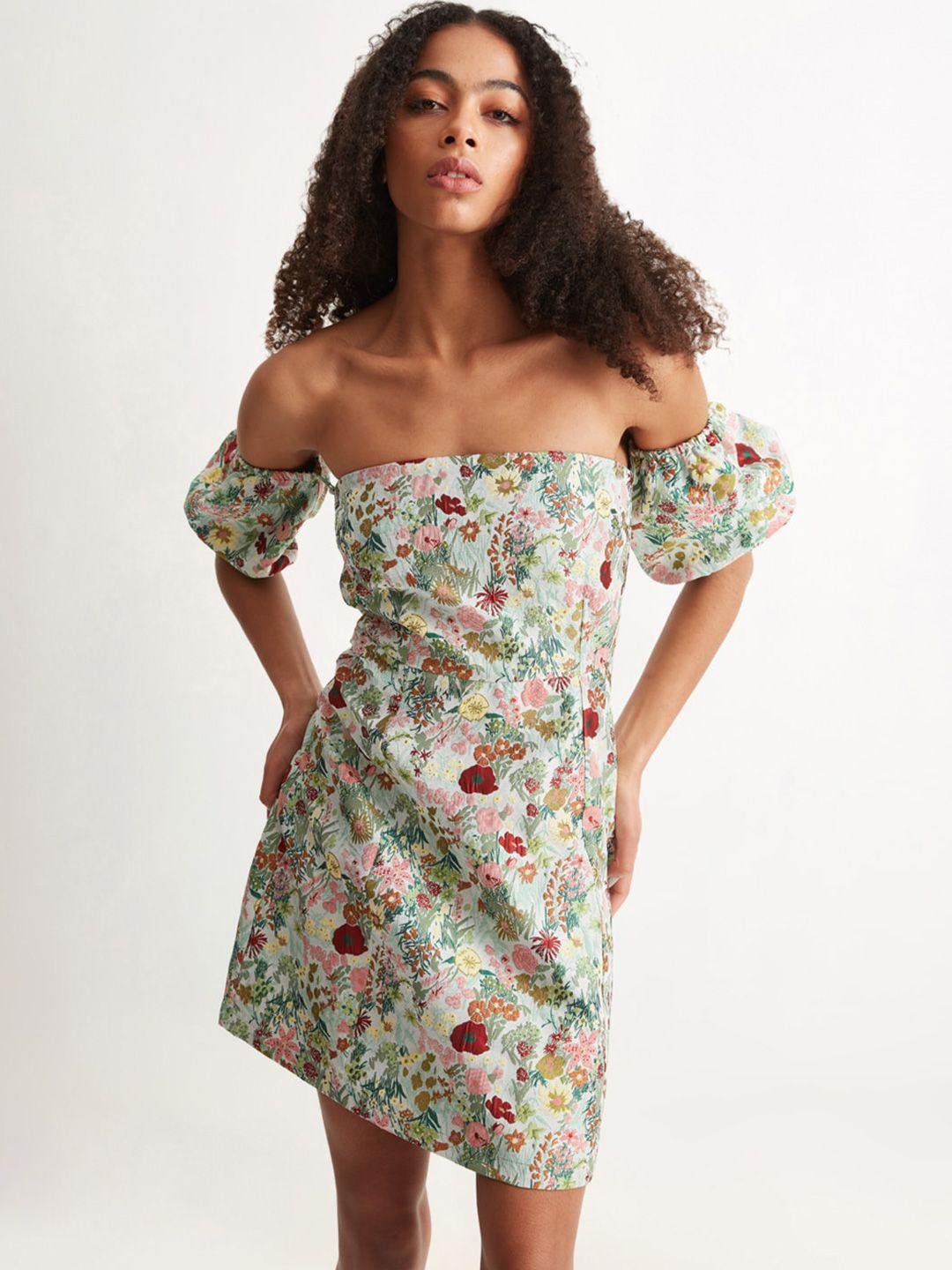 cover story green & red floral printed off-shoulder puff sleeve jacquard a-line dress