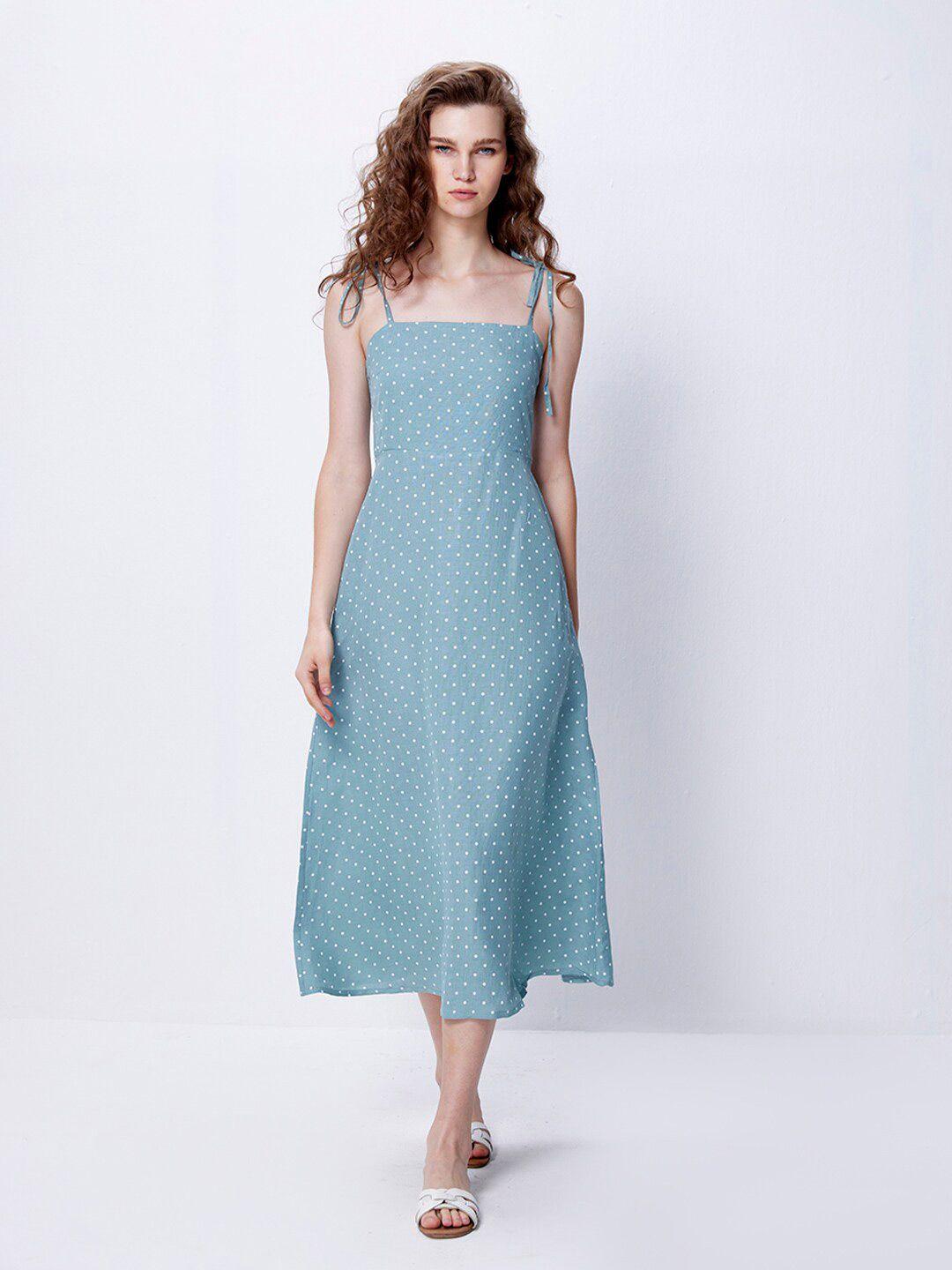 cover story green & white polka dots printed linen shoulder straps a-line midi dress