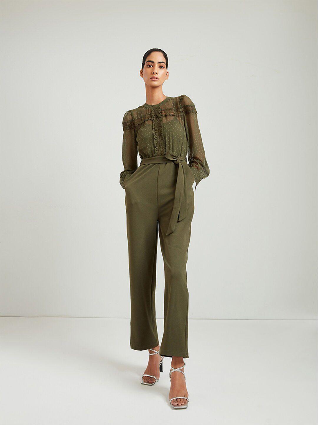 cover story green basic with lace inserts jumpsuit