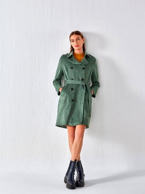 cover story green regular fit double breasted long coat