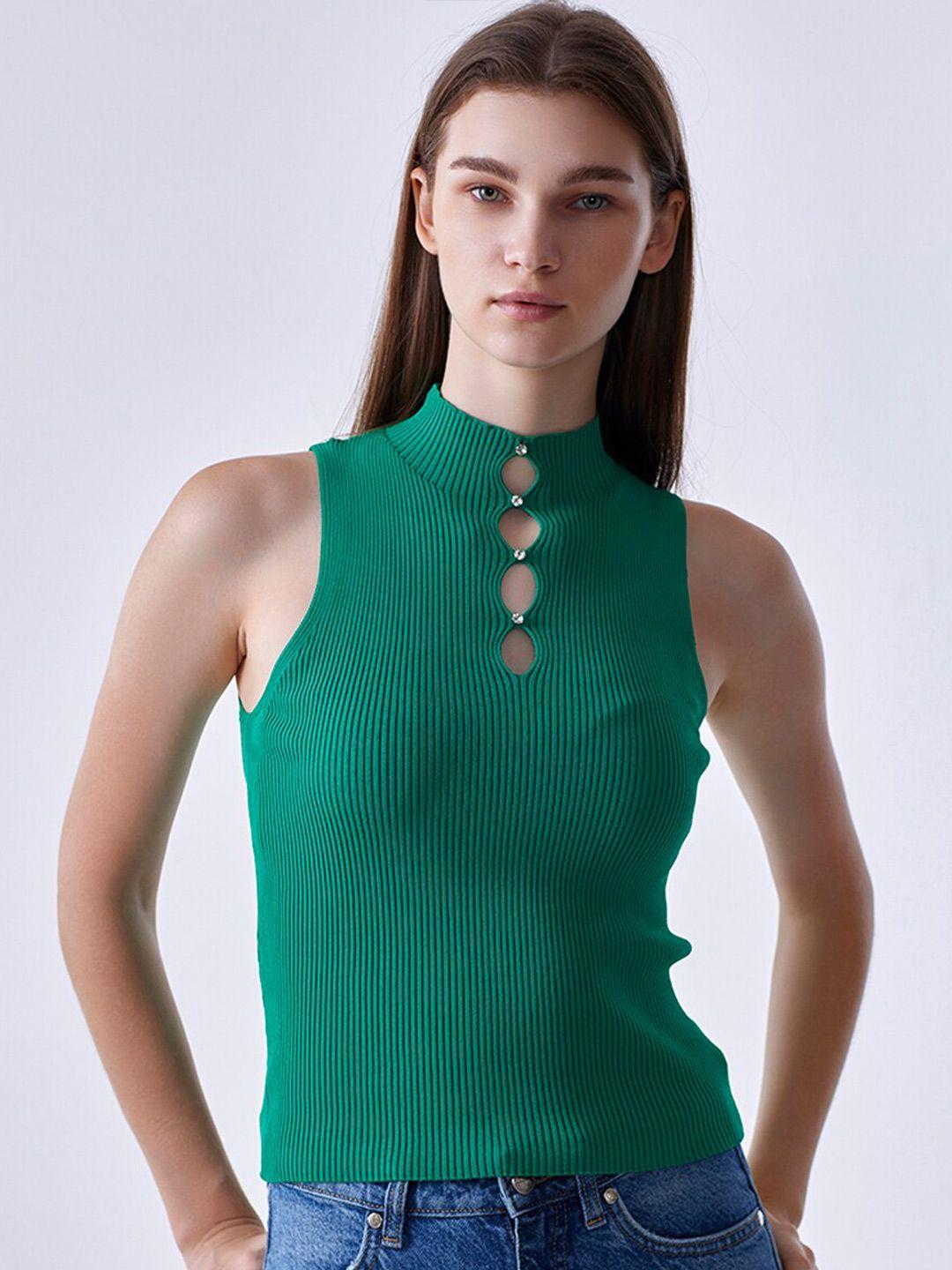 cover story green ribbed mock collar front buttoned sweater vest