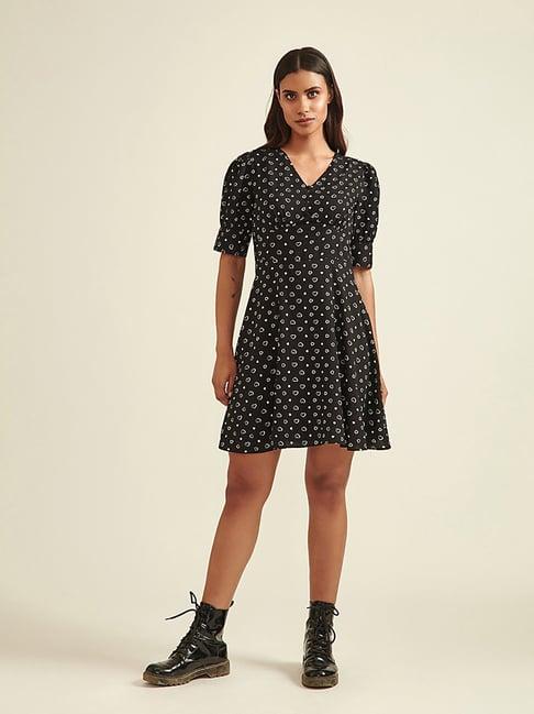 cover story jet black printed fit & flare dress