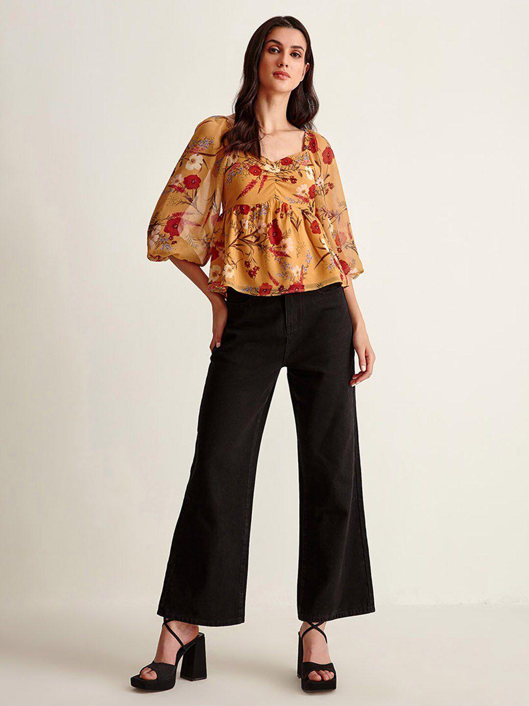 cover story mustard yellow & red floral printed sweetheart neck top