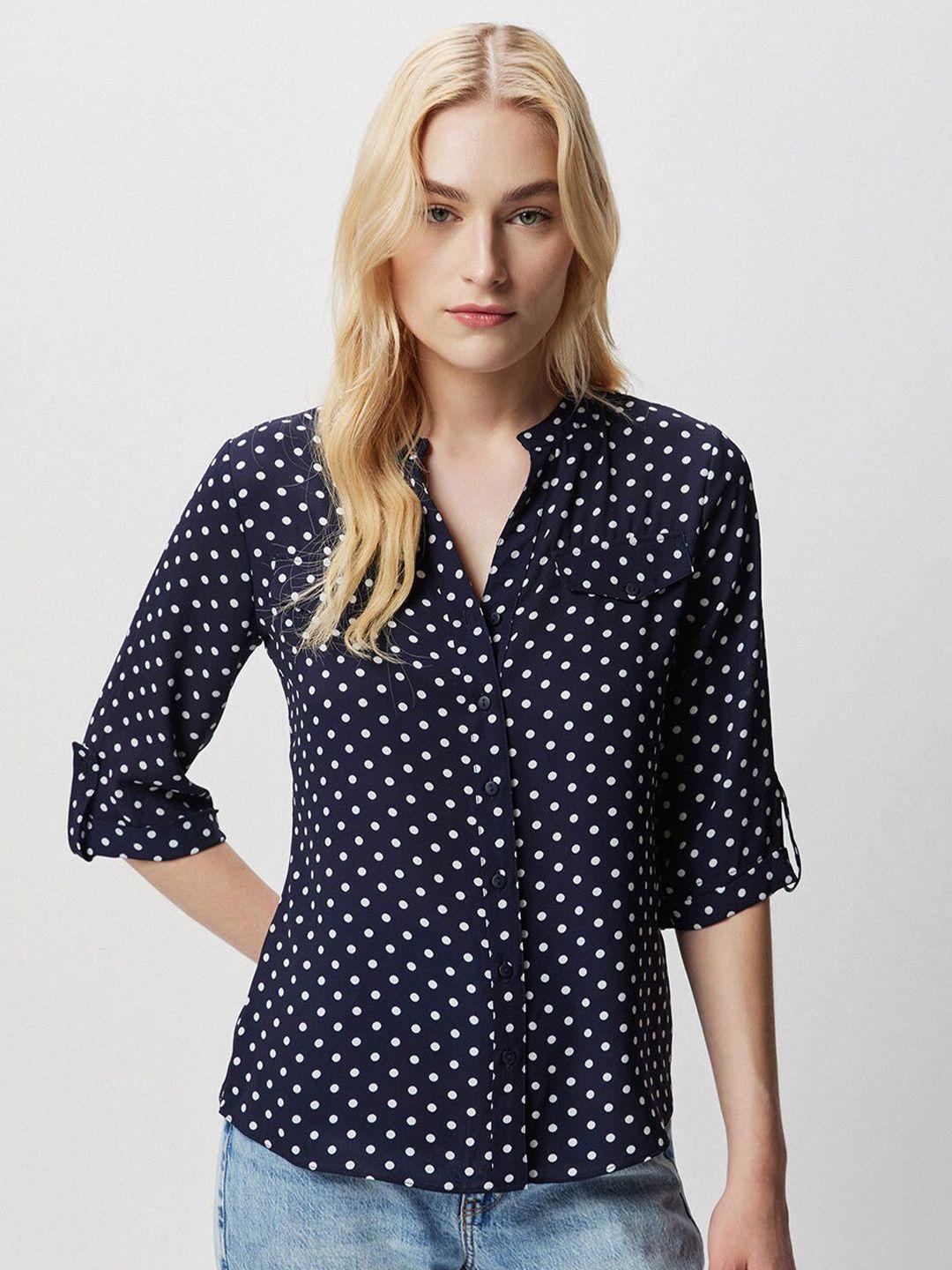 cover story navy blue & white polka dot printed mandarin collar shirt style top